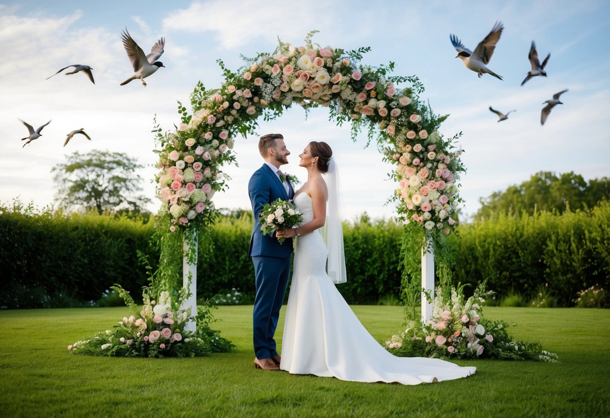 A bride and groom standing under a blooming floral arch, surrounded by lush greenery and birds singing overhead