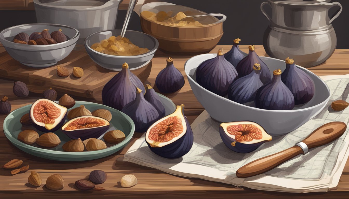 Figs and dates sit side by side on a rustic wooden table, surrounded by measuring cups and spoons, a mixing bowl, and a recipe book open to a page on baking