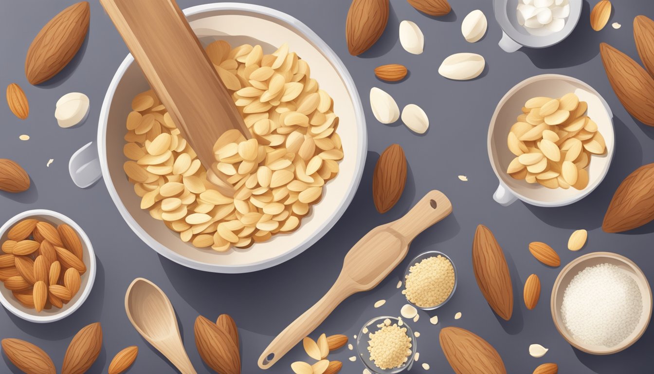 Flaked almonds pouring from a measuring cup into a mixing bowl surrounded by baking ingredients and utensils