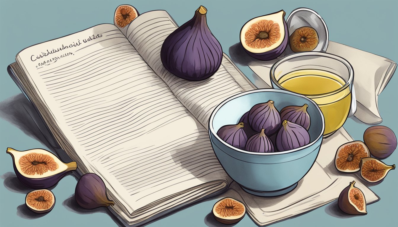 A bowl of figs next to a measuring cup and a mixing bowl, with a baking recipe book open to a page about substituting dates with figs