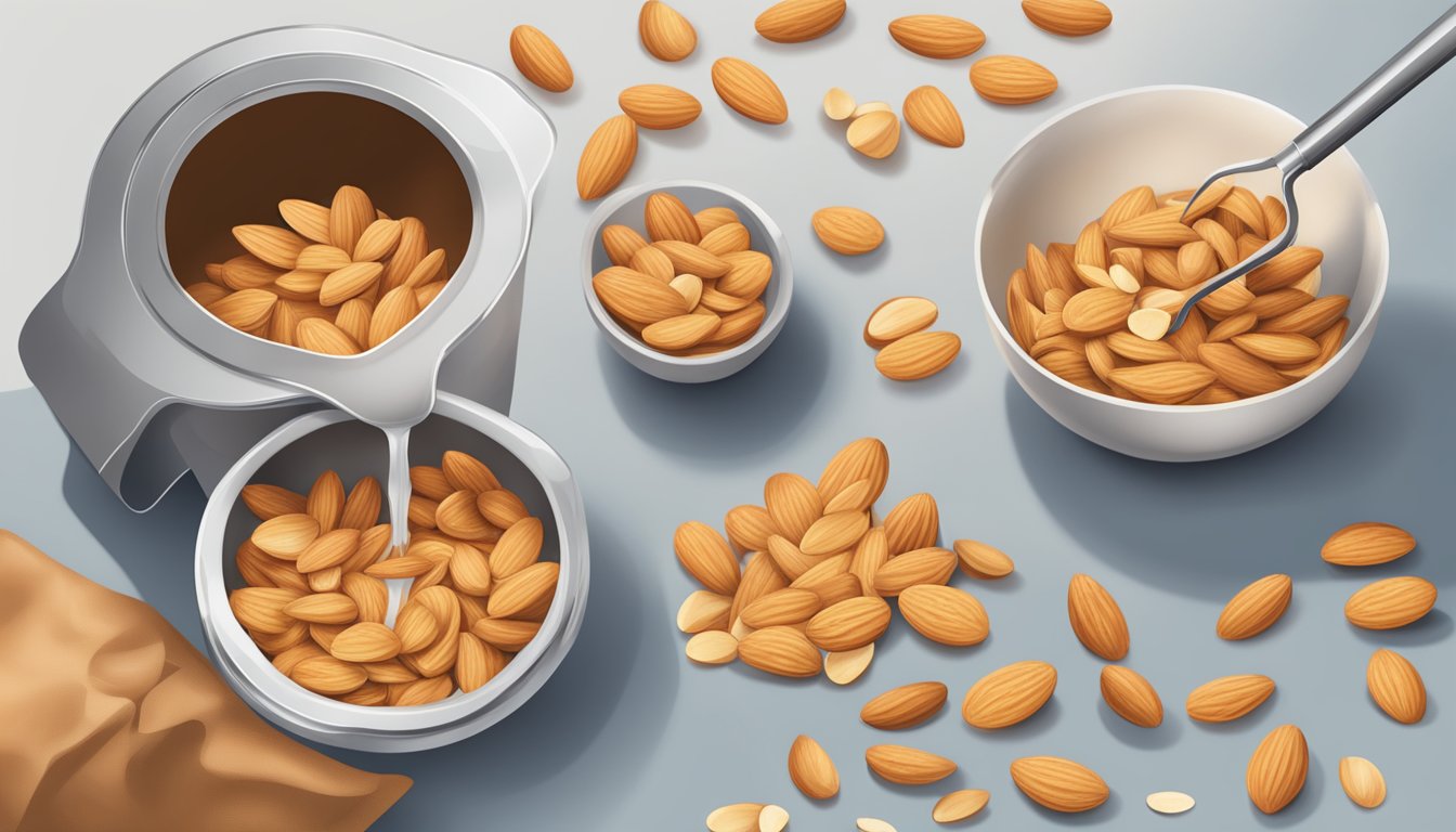 Flaked almonds pouring from a measuring cup into a mixing bowl, with a bag of sliced almonds nearby