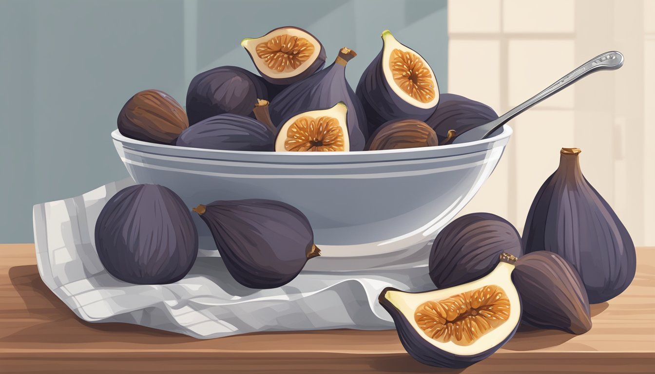 A bowl of figs and dates with a measuring cup and spoon on a kitchen counter