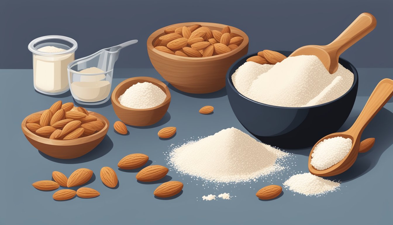 A hand pouring a pile of flaked almonds into a measuring cup, next to a bowl of flour and other baking ingredients