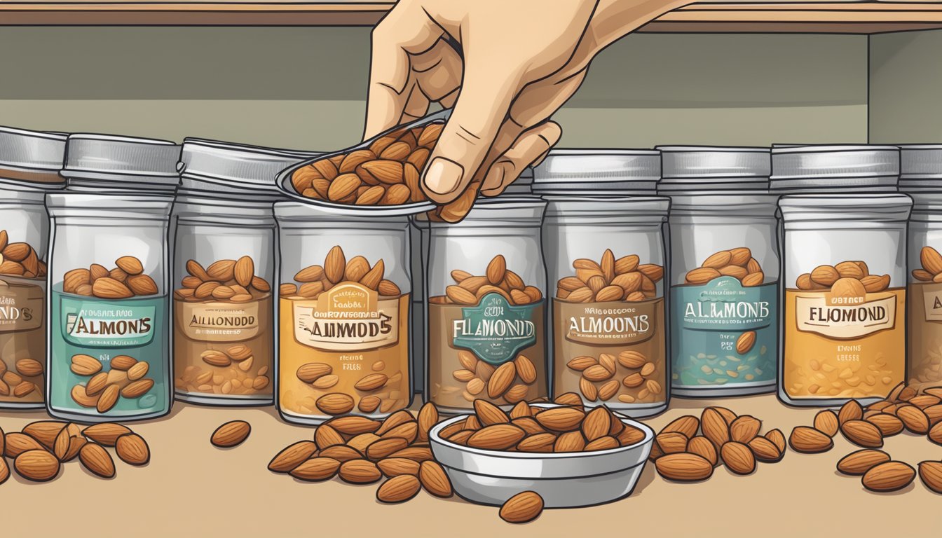 A hand reaching into a pantry, grabbing a bag of flaked almonds, and pouring them into a container labeled "sliced almonds" to extend freshness