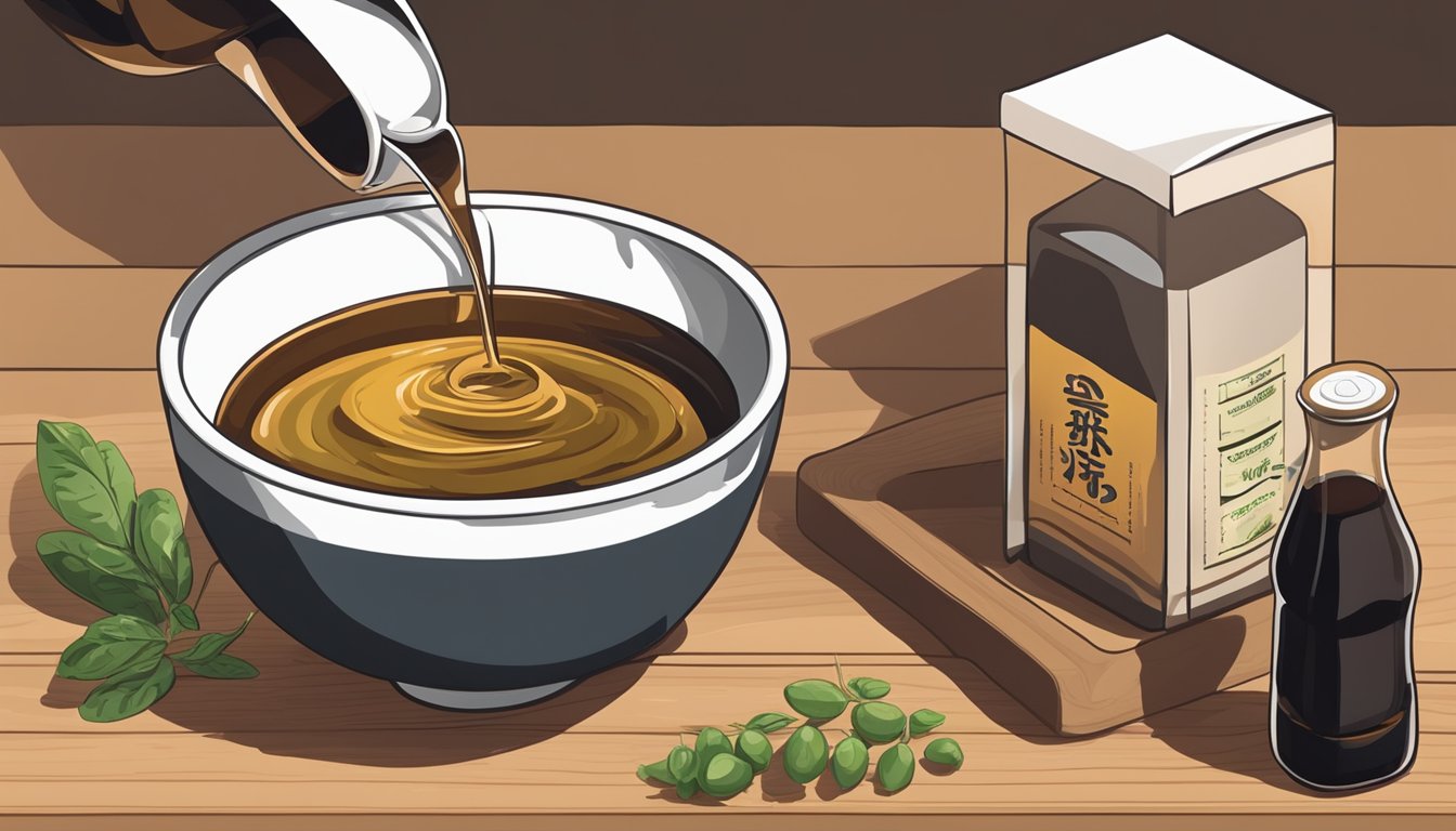 A bowl of marinade ingredients, with a bottle of fish sauce being poured into a measuring spoon, next to a bottle of soy sauce