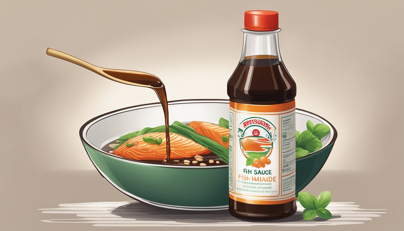 A bottle of fish sauce pouring into a bowl of marinade ingredients, with soy sauce bottle nearby