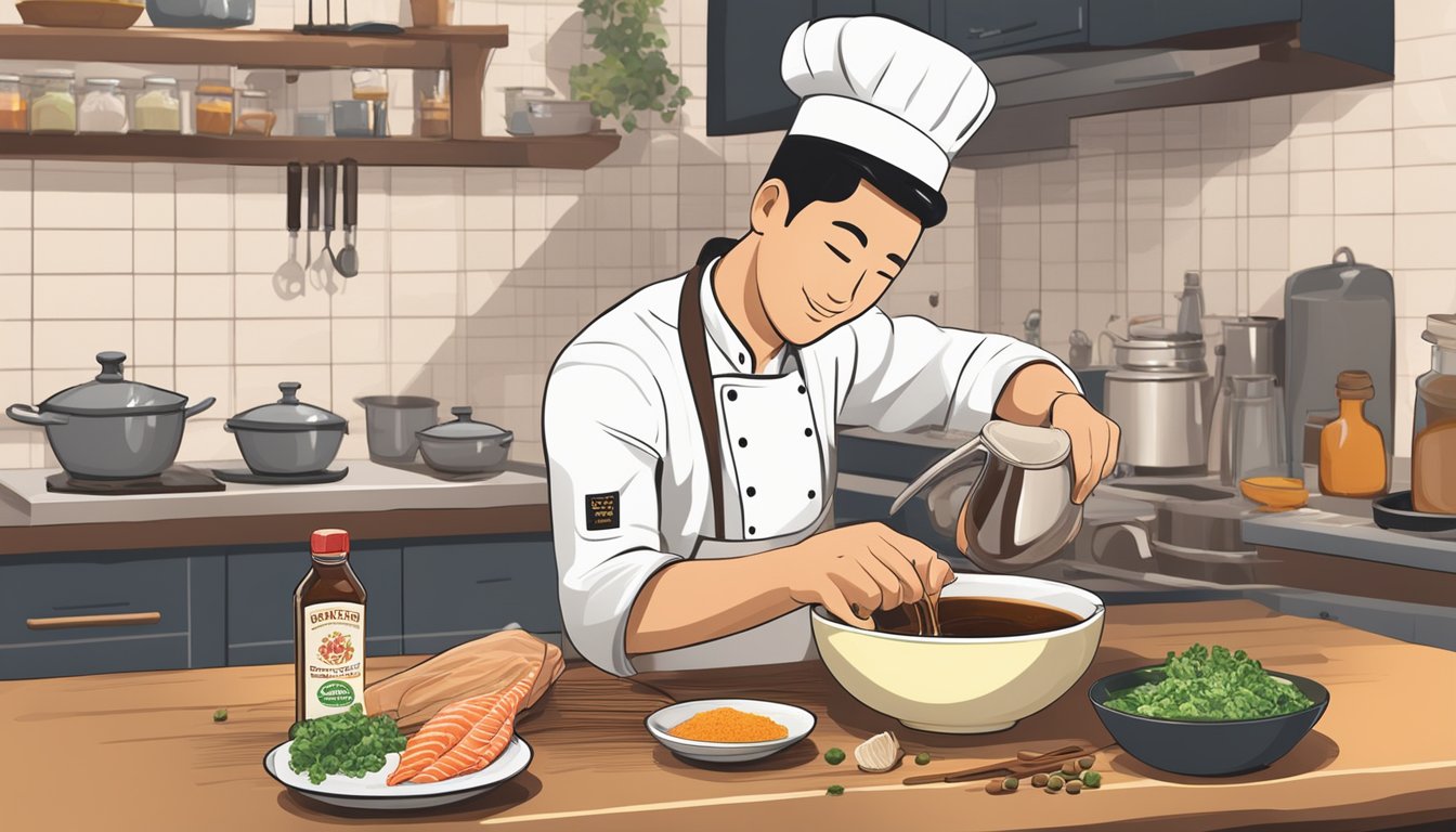 A chef pouring fish sauce into a marinade bowl, with a bottle of soy sauce in the background. Ingredients like garlic and ginger are scattered around