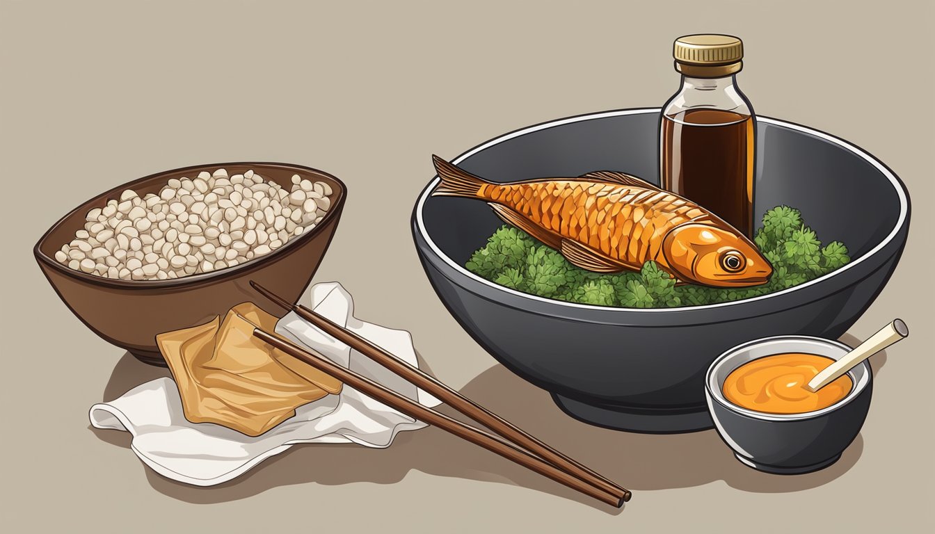 A bowl of marinade ingredients with a bottle of soy sauce next to a crossed-out bottle of fish sauce