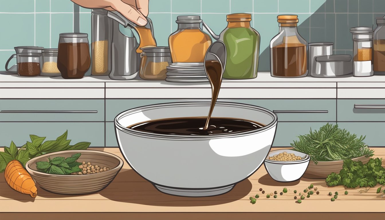 A bowl of soy sauce being poured into a marinade, with various herbs and spices scattered around on a kitchen counter