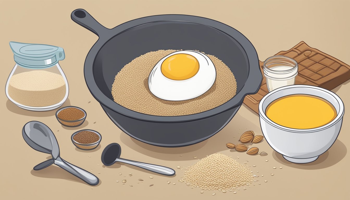 A mixing bowl with flaxseed meal and a measuring spoon, surrounded by baking ingredients and a recipe book open to a page on egg substitutes