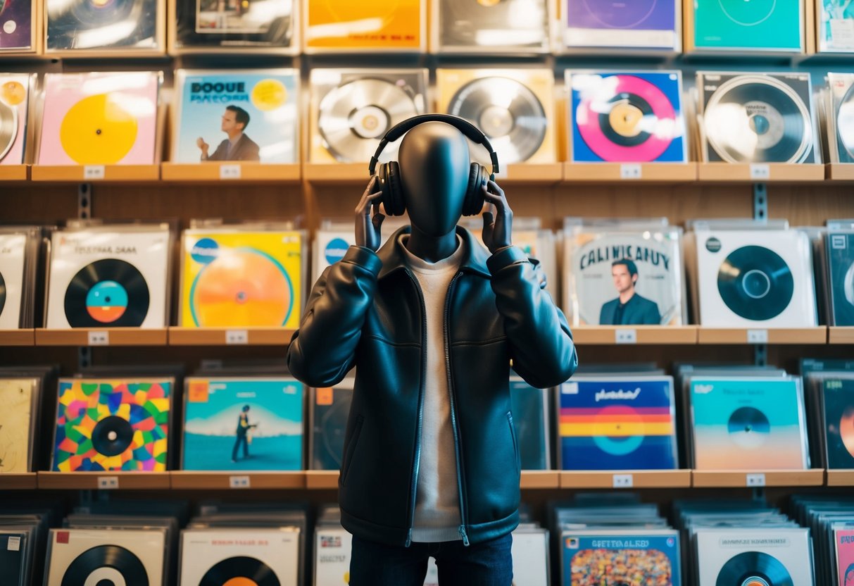 A figure stands in front of a record store, surrounded by colorful album covers and listening to music through headphones