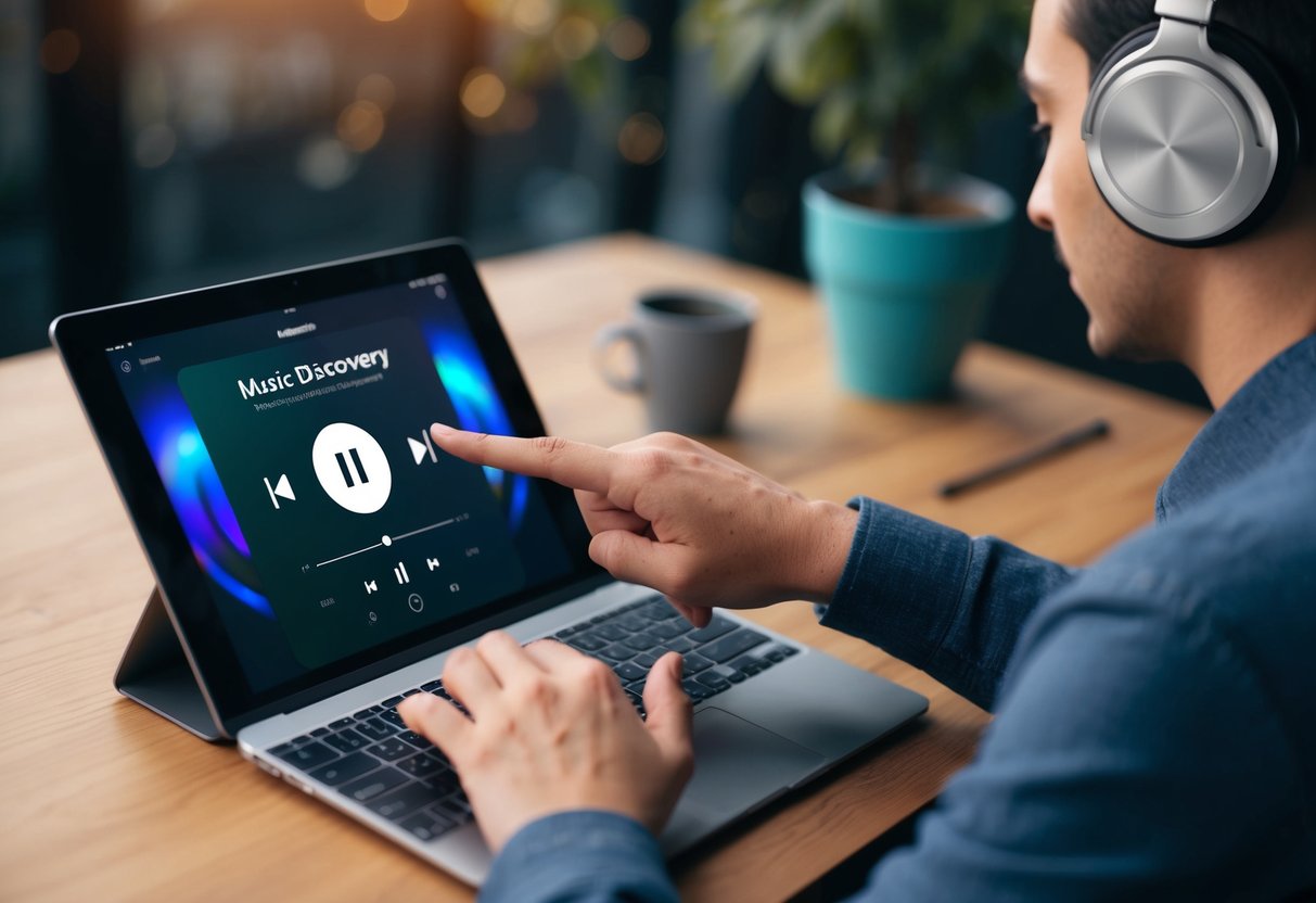 A person using a music discovery tool, with headphones on, scrolling through a playlist and tapping the screen to select a song
