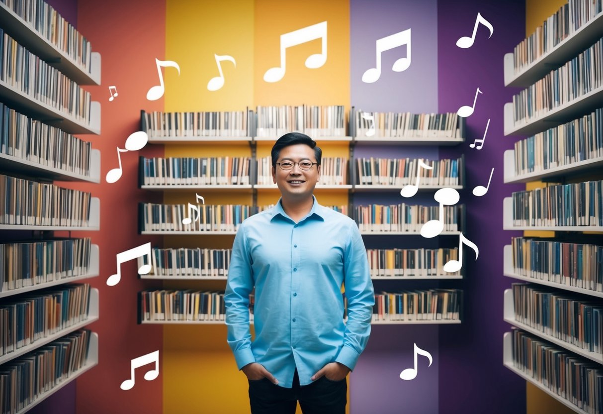 A person standing in front of a colorful music library, surrounded by floating musical notes and sound waves