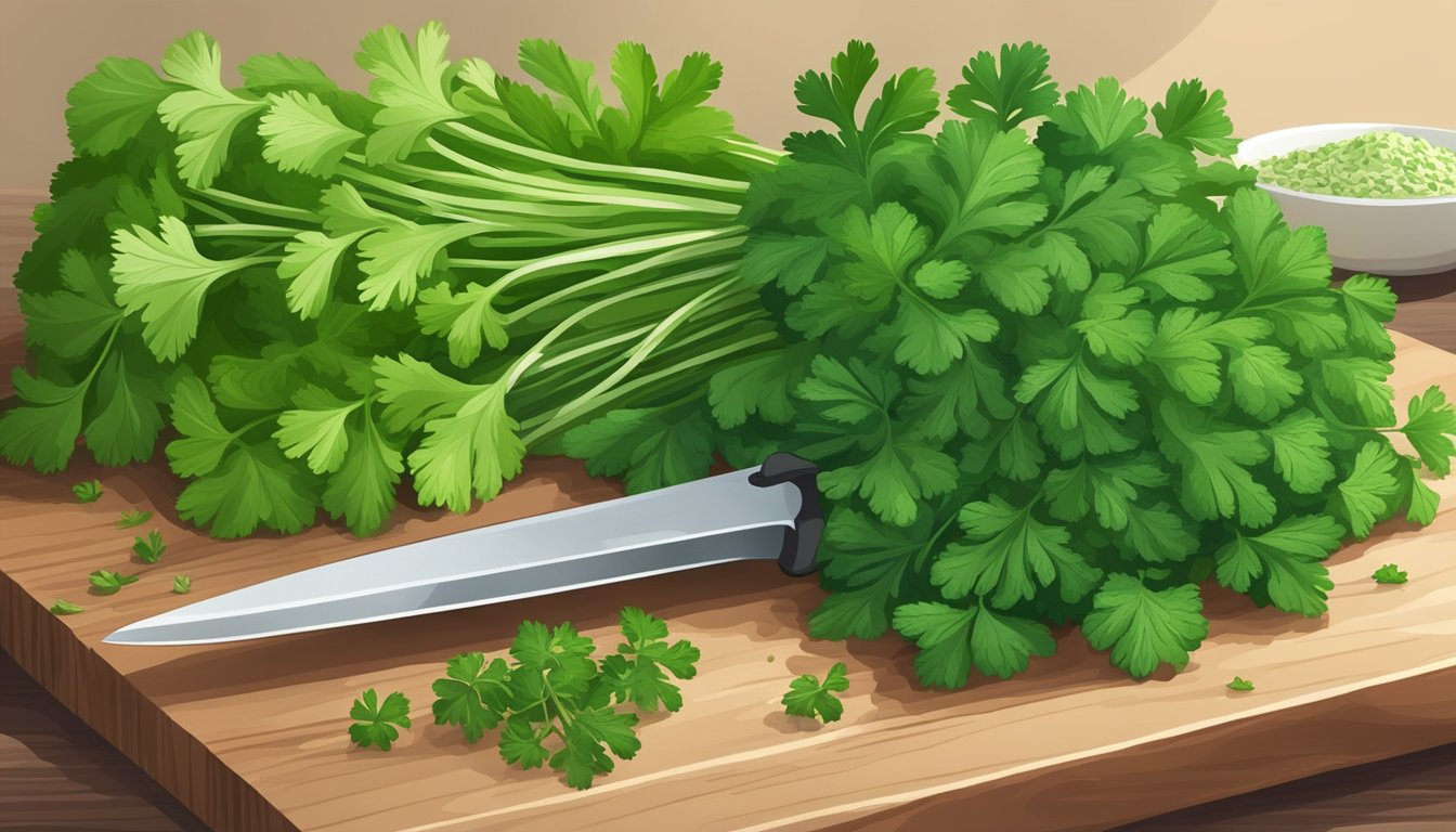 A bunch of flat leaf parsley next to a pile of cilantro, with a chef's knife and cutting board nearby