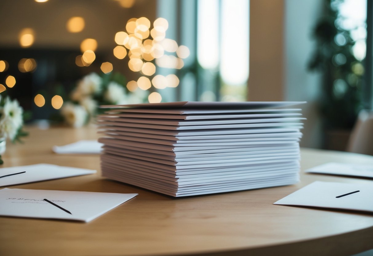 A stack of unmailed wedding invitations sits on a table, one with a crossed-out name