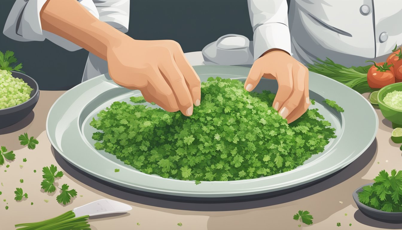 A chef sprinkles chopped flat-leaf parsley over a dish, replacing cilantro for flavor harmony