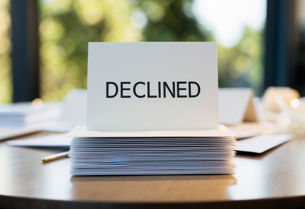 A stack of wedding invitations, one marked "declined," sits on a table