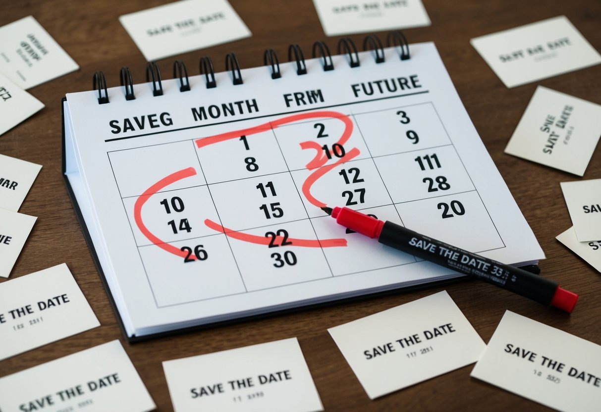 A calendar with the date three months in the future circled in red marker, surrounded by scattered Save the Date cards