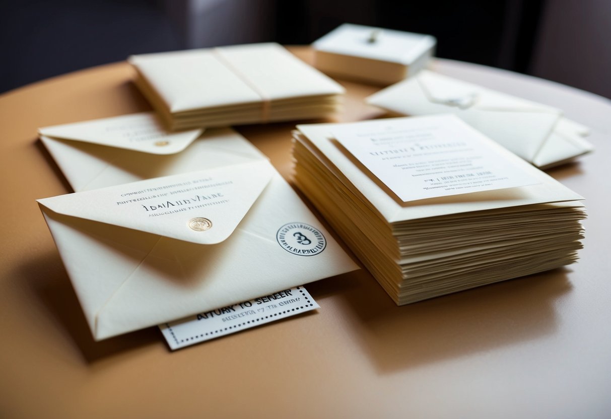 A stack of wedding invitations, some opened and some sealed, sits on a table. One unopened envelope has a "return to sender" stamp