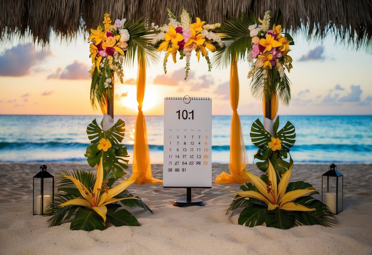 A tropical beach setting with a sunset backdrop, adorned with elegant wedding decor and a calendar showing the current date
