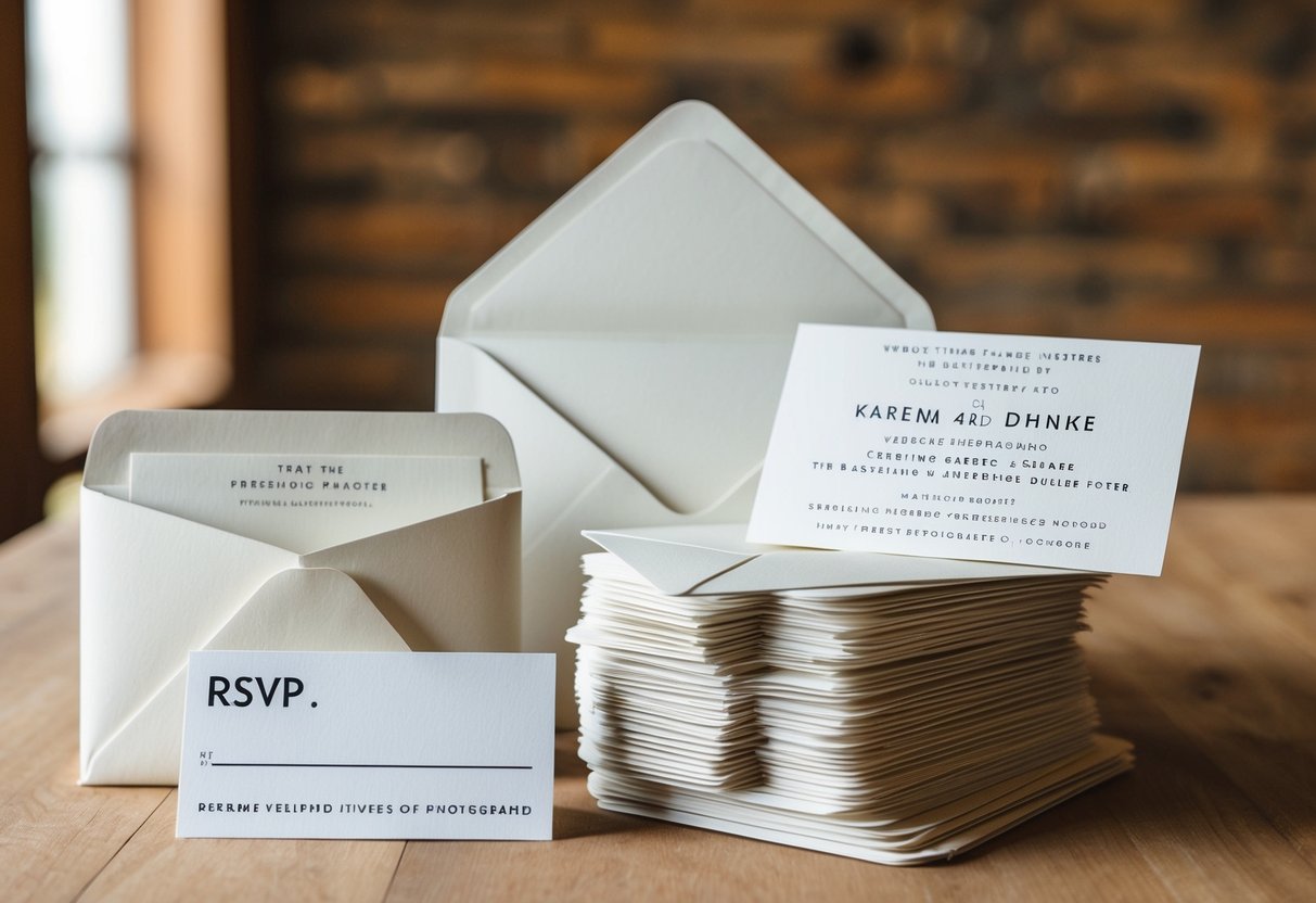A stack of wedding invites, some opened, some sealed, with a declined RSVP card placed to the side