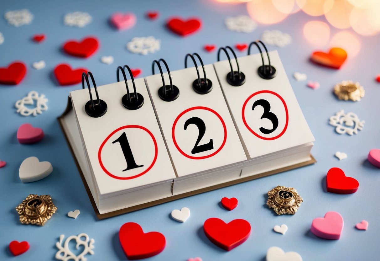 A calendar with the date three months in the future circled in red, surrounded by various decorative elements and symbols of love and marriage