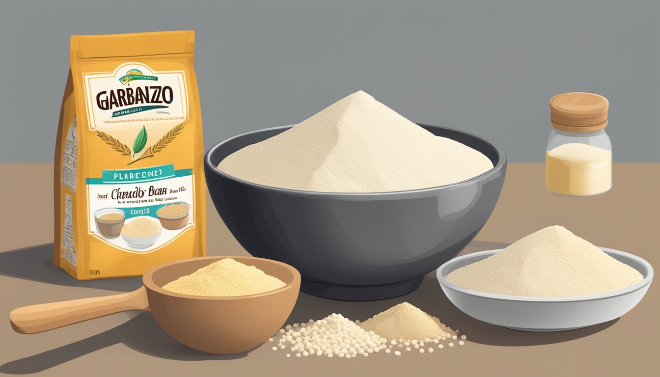 A bag of garbanzo bean flour sits next to a measuring cup and a bowl of all-purpose flour, with an arrow pointing from the garbanzo bean flour to the bowl