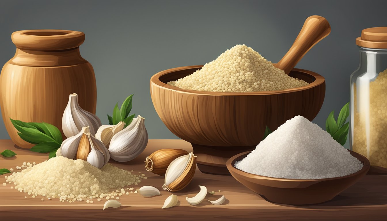 A mortar and pestle crushing garlic cloves, next to a jar of garlic powder and various alternative flavorings like herbs and spices