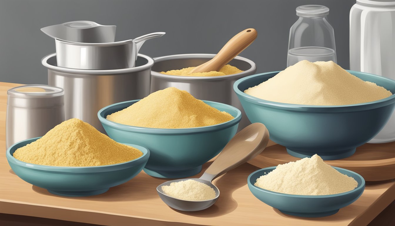 A kitchen counter with bowls of garbanzo bean flour and all-purpose flour, along with measuring cups and a mixing spoon