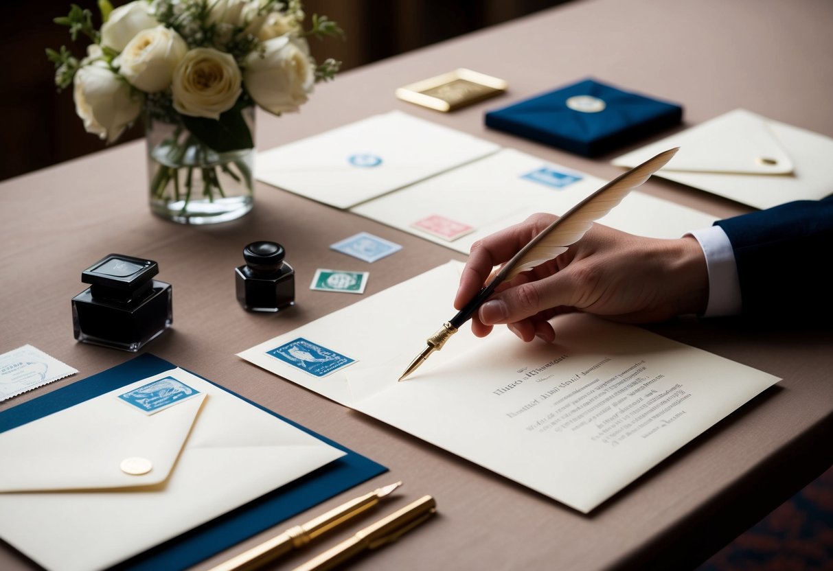 A table set with elegant stationery, envelopes, and stamps. A hand reaches for a quill pen and inkwell