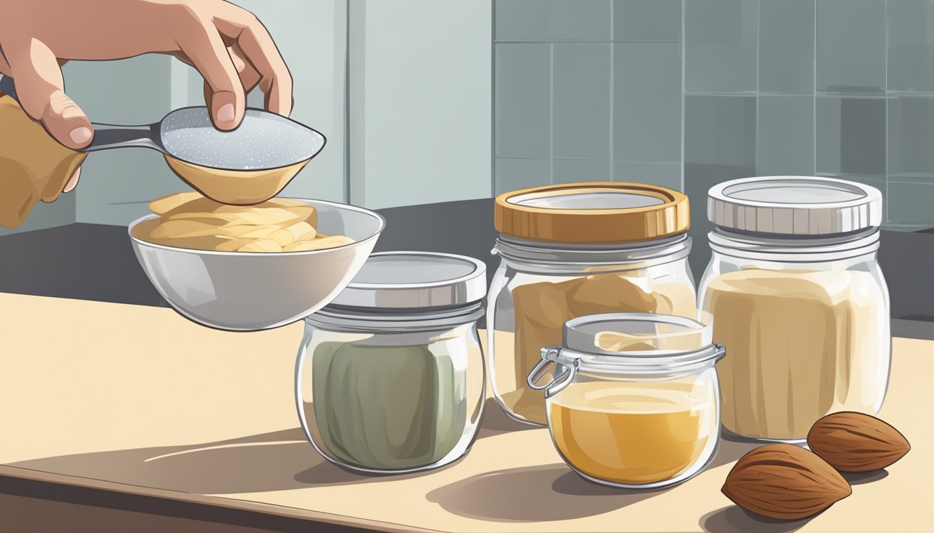 A chef pouring frangipane from a jar into a measuring cup, next to a container of almond paste on a clean, organized kitchen counter