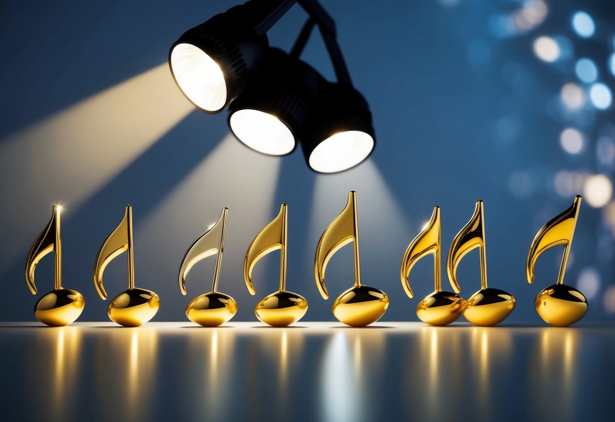 A spotlight shines on a row of golden music notes, each representing a different 2024 Oscar-nominated song