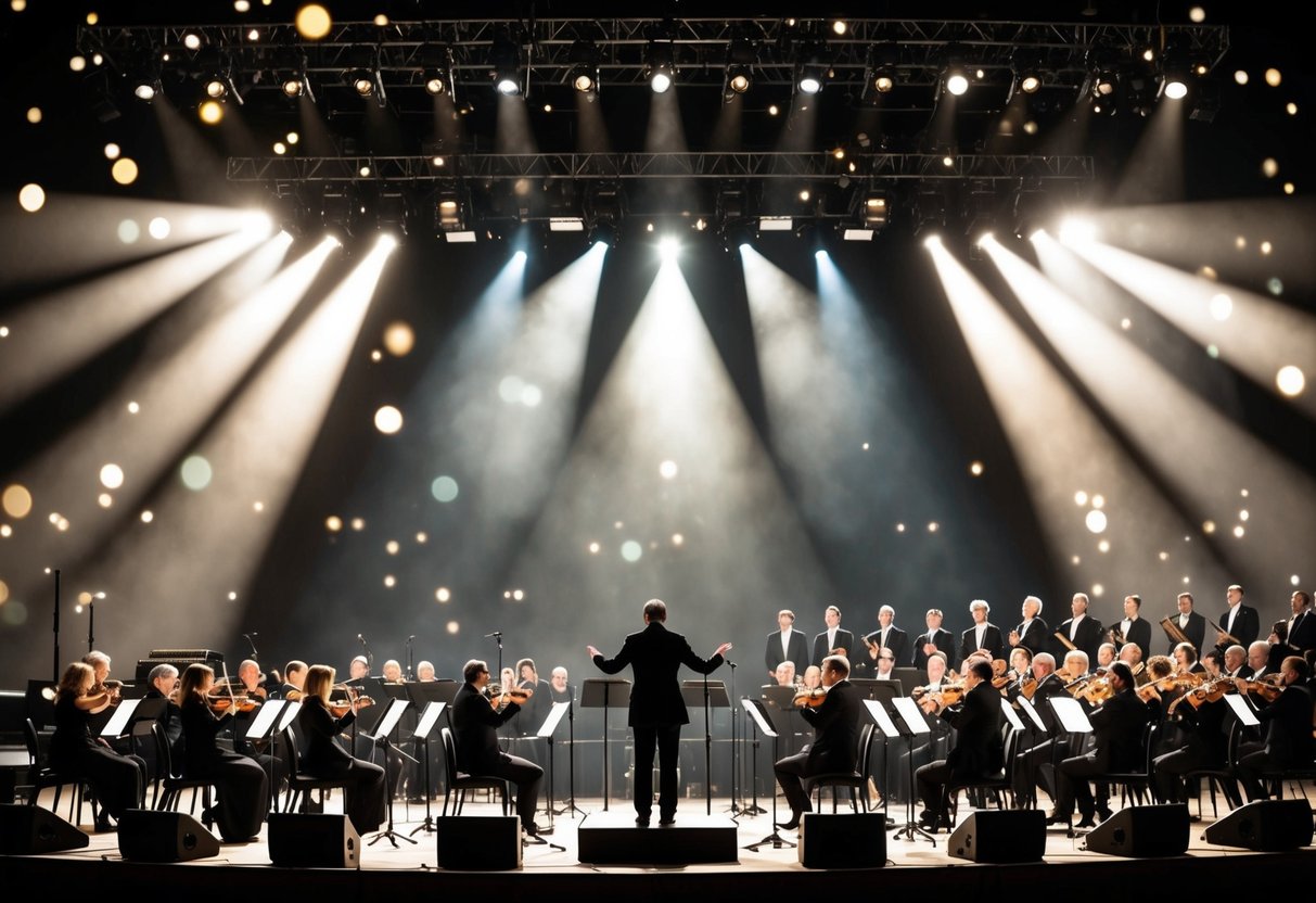 A grand stage with spotlights illuminating a row of microphones, surrounded by a symphony orchestra and a choir, all set against a backdrop of glittering stars