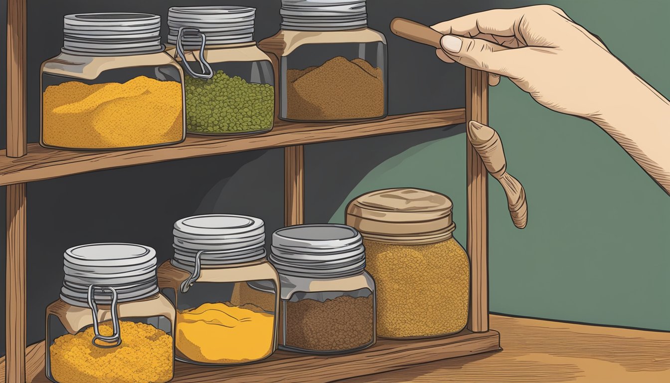 A hand reaching for a jar of garam masala next to a jar of curry powder on a spice rack