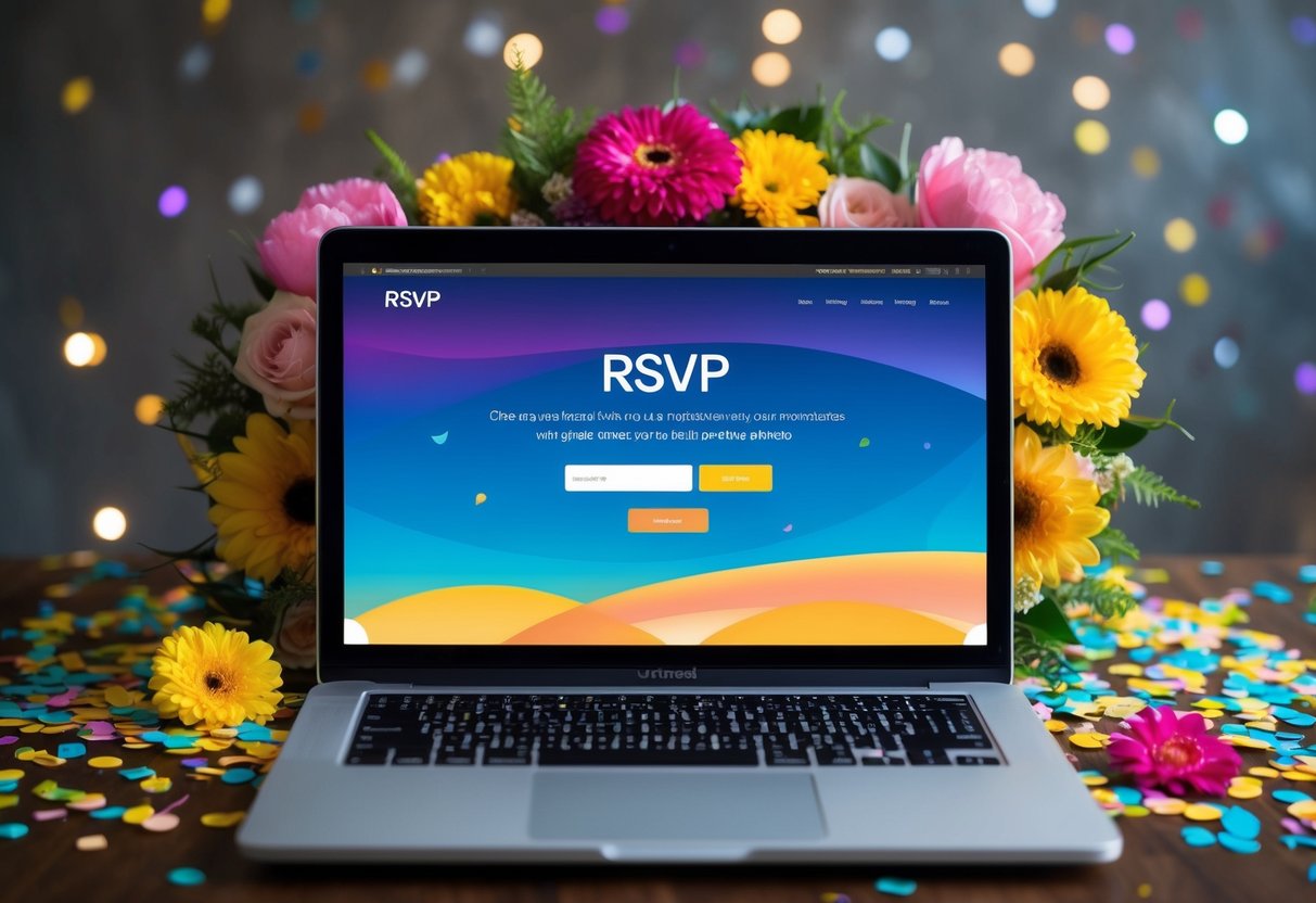 A laptop displaying an RSVP website with a colorful and inviting interface, surrounded by decorative elements like flowers and confetti