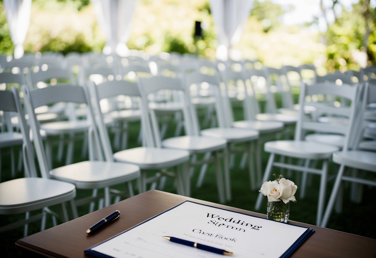 A wedding venue with rows of empty chairs and a sign-in table with a guest book and pen