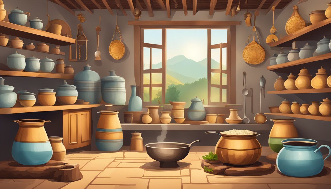 A traditional Indian kitchen with pots and utensils, a cow and a ghee-making process, surrounded by historical artifacts and cultural symbols