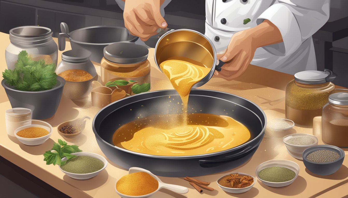 A chef pouring a golden, creamy substance from a jar into a sizzling pan, with various spices and herbs scattered around the kitchen counter