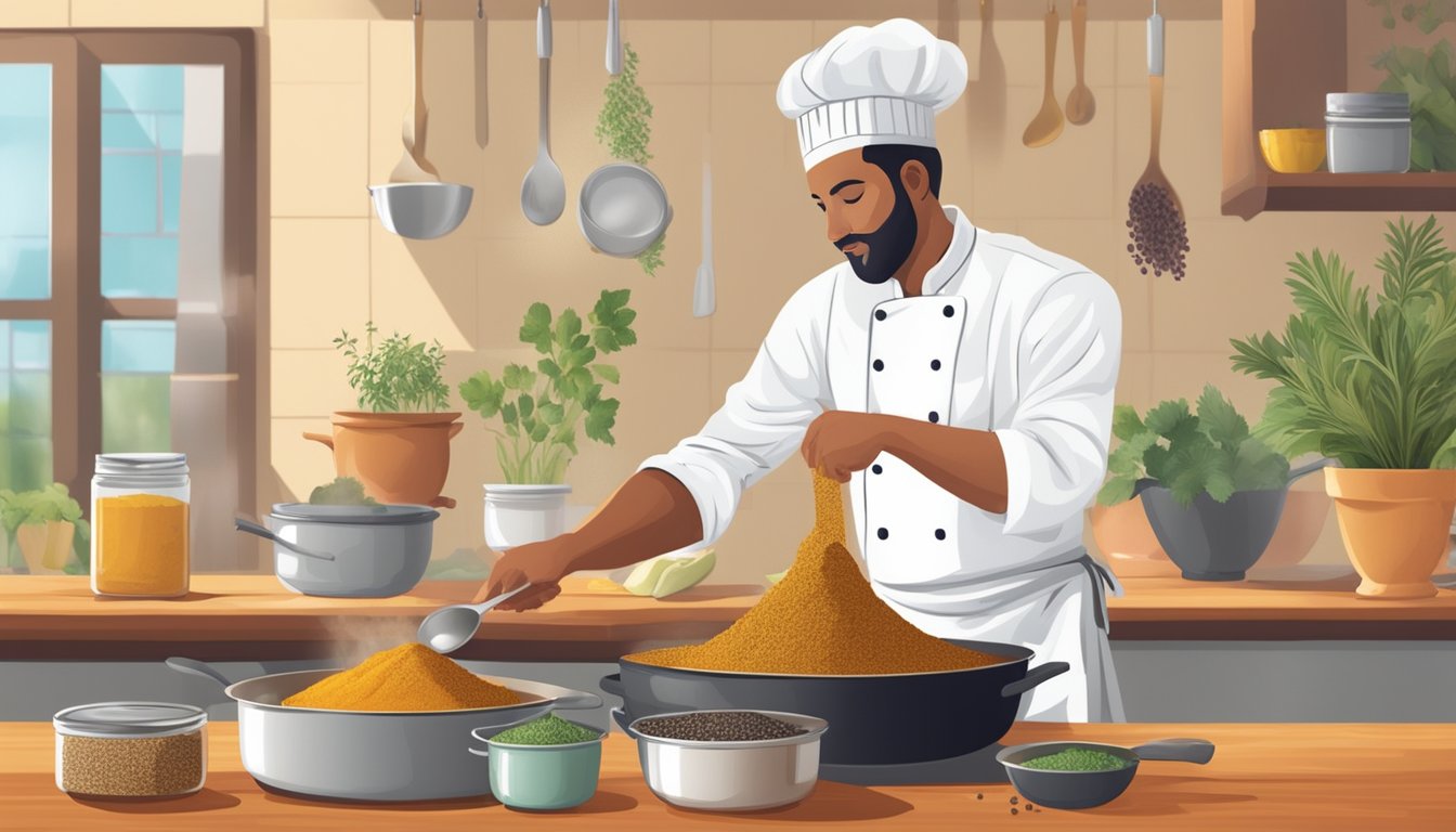 A chef sprinkling garam masala into a pot of simmering curry, with various spices and herbs displayed on the kitchen counter