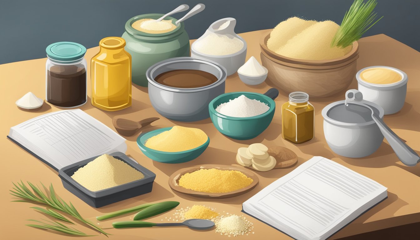 A kitchen counter with various baking ingredients and utensils, including ghee substitutes like coconut oil and vegetable shortening, next to a recipe book on Indian cooking