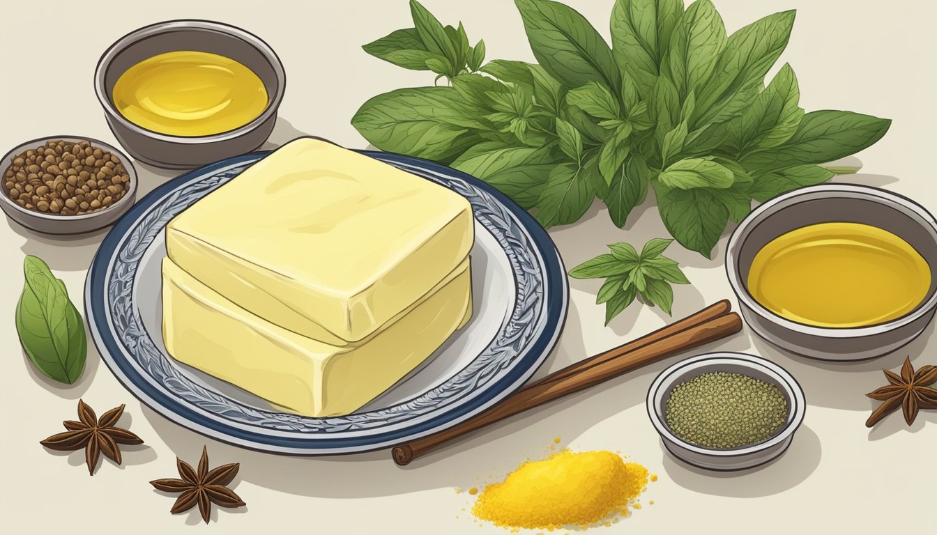 A small dish of butter sits next to a variety of spices and herbs, ready to be used as a substitute for ghee in Indian cooking