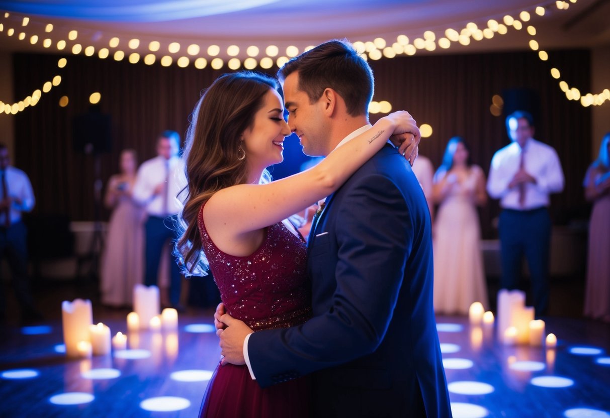 A couple embraces on a dimly lit dance floor, surrounded by twinkling lights and the soft glow of candles. They sway to a romantic melody, lost in each other's eyes