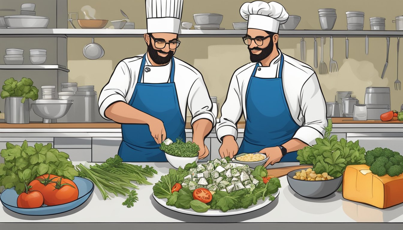 A chef swaps goat cheese for blue cheese in a salad, with both types of cheese displayed alongside fresh herbs and vegetables