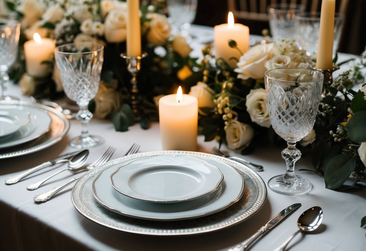 A luxurious table set with fine china, crystal glasses, and elegant silverware, adorned with fresh flowers and flickering candles