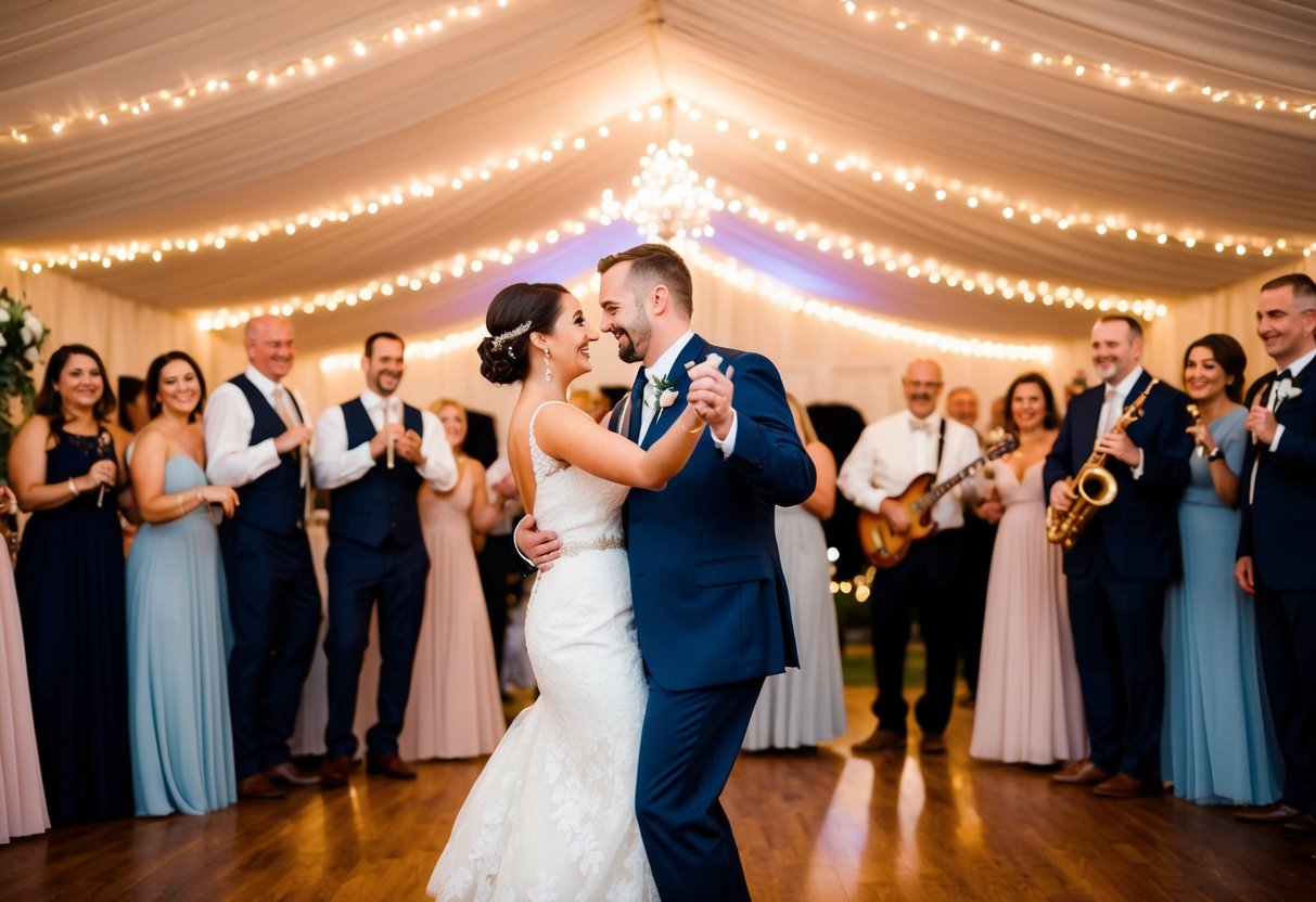 A couple dancing under twinkling lights, surrounded by friends and family, with a band playing a romantic first dance song at a wedding