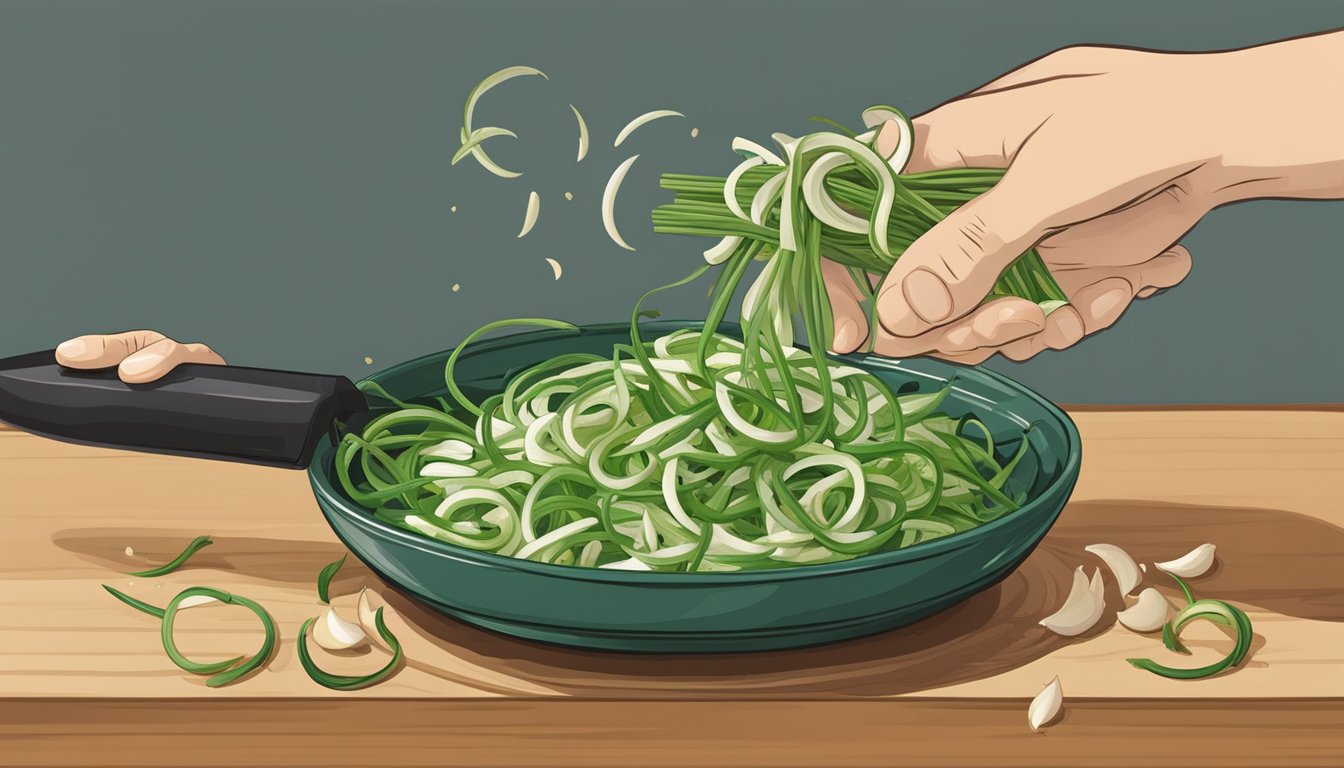 Garlic scapes being chopped and added to a dish, replacing garlic cloves