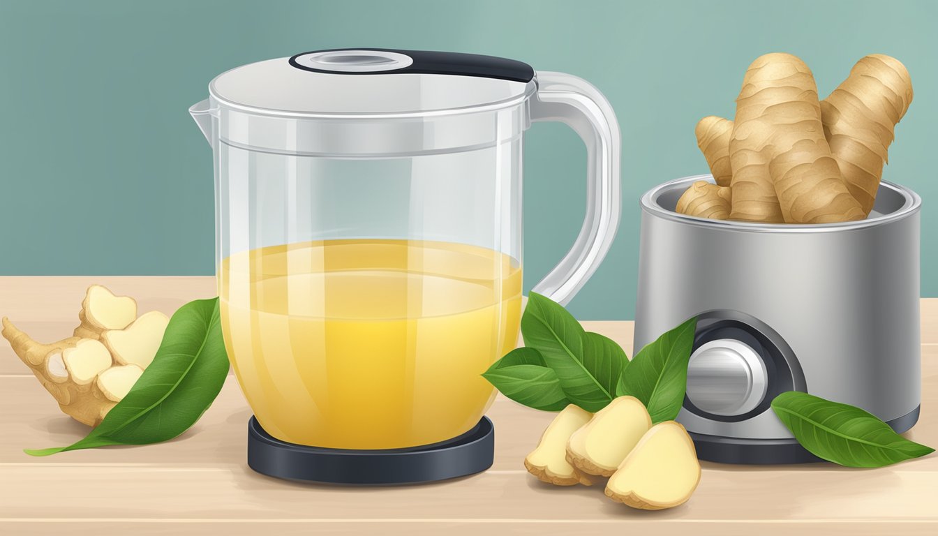 A bowl of fresh ginger root next to a juicer with a glass of ginger juice and a measuring spoon