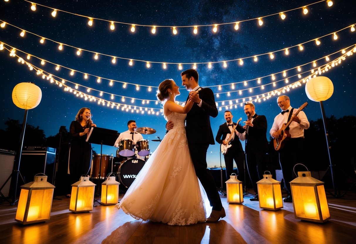 A couple dancing under a starry sky, surrounded by glowing lanterns and a live band playing unconventional song choices