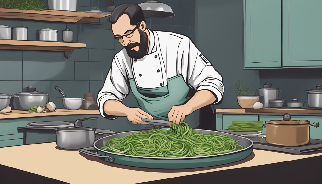 A chef chopping garlic scapes to substitute for garlic cloves in a sizzling pan