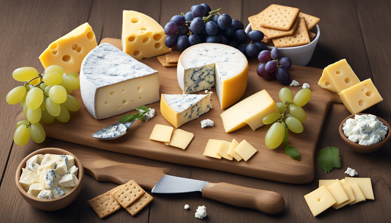 A cheese board with a spread of various cheeses, including a block of goat cheese next to a crumbled blue cheese, surrounded by grapes and crackers